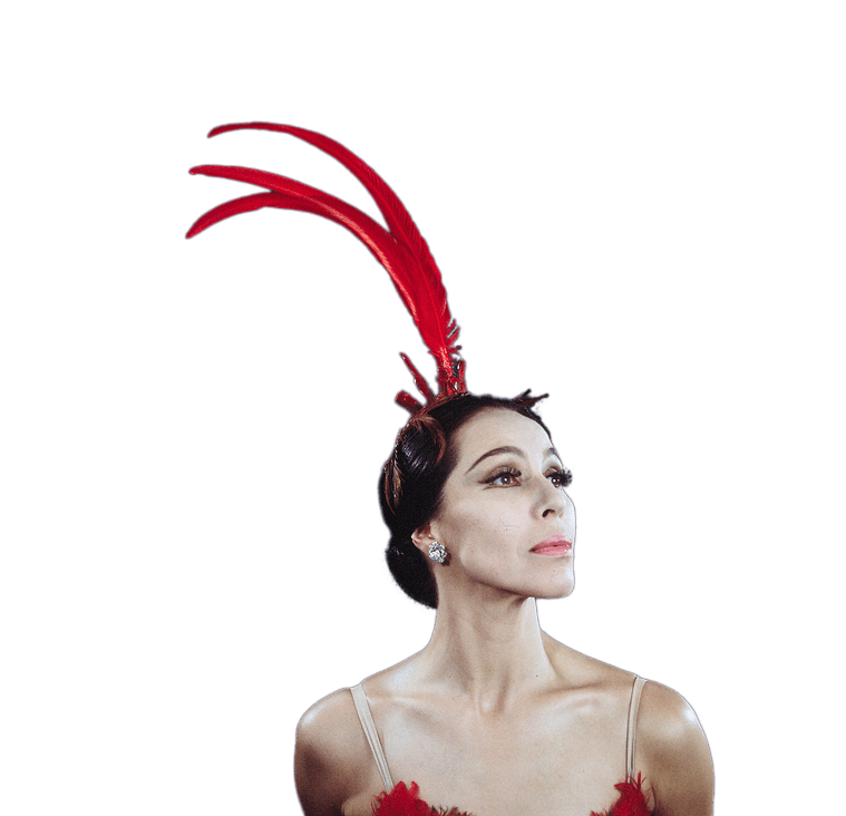 Maria Tallchief looking to the distance in a Firebird costume with a tall red feather headpiece