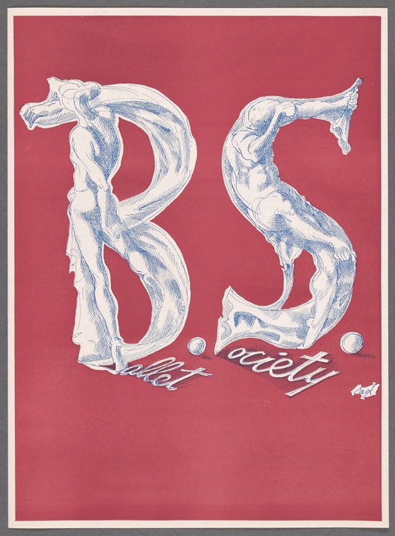 A light-red poster with white letters B.S. (Ballet Society) made of human figures