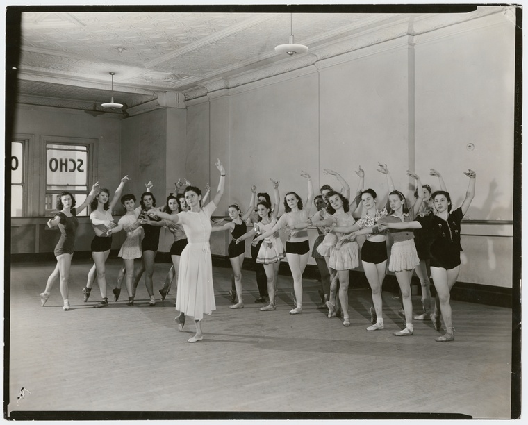 Kyra Blanc teaching a children's ballet class at the School of American Ballet, Tanaquil Le Clerq to the left of Kyra Blanc, 1930-50